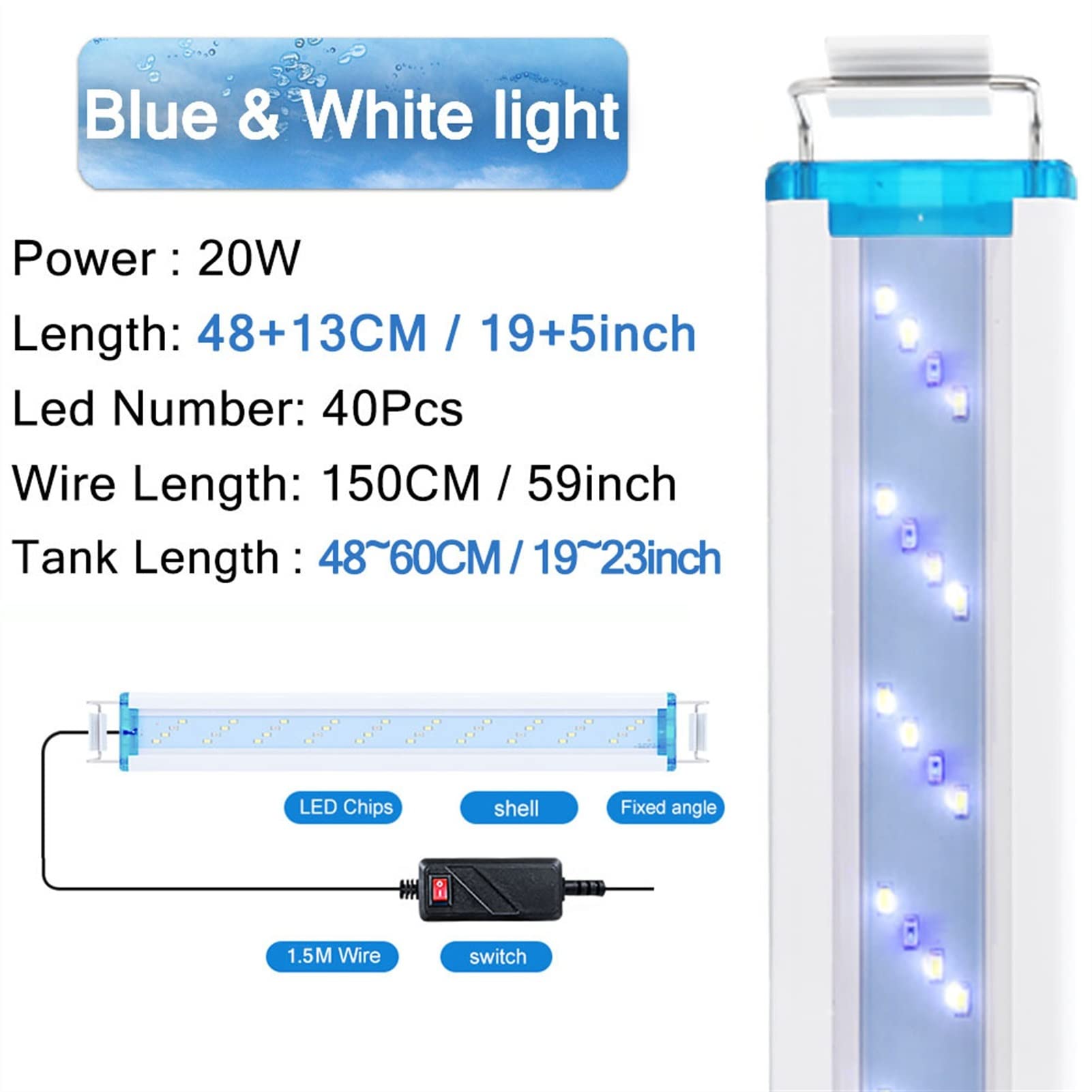 Éclairage de Piscine Très Mince Le Éclairage Aquarium DS Lumière Aquatique 18-7 5cm Clip imperméable Extensible sur la Lampe for Le réservoir de Poisson (8W / 12W / 16W / 20W / 24W) Lumière de Piscin