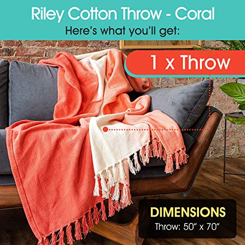 Refinery29 | Riley Collection | Premium Cotton Textured Throw Blanket, Modern Dip Dye Fringe Design For Luxury Home Décor (50 X 70, Coral) #TOP2