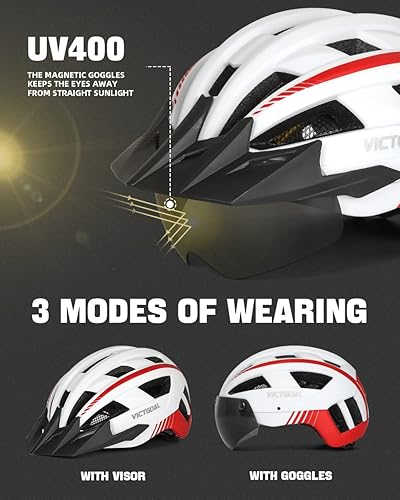 Miniatura 10 de VICTGOAL Casco de bicicleta con luz trasera recargable por USB, gafas magnéticas desmontables, visera solar extraíble, cascos de bicicleta de