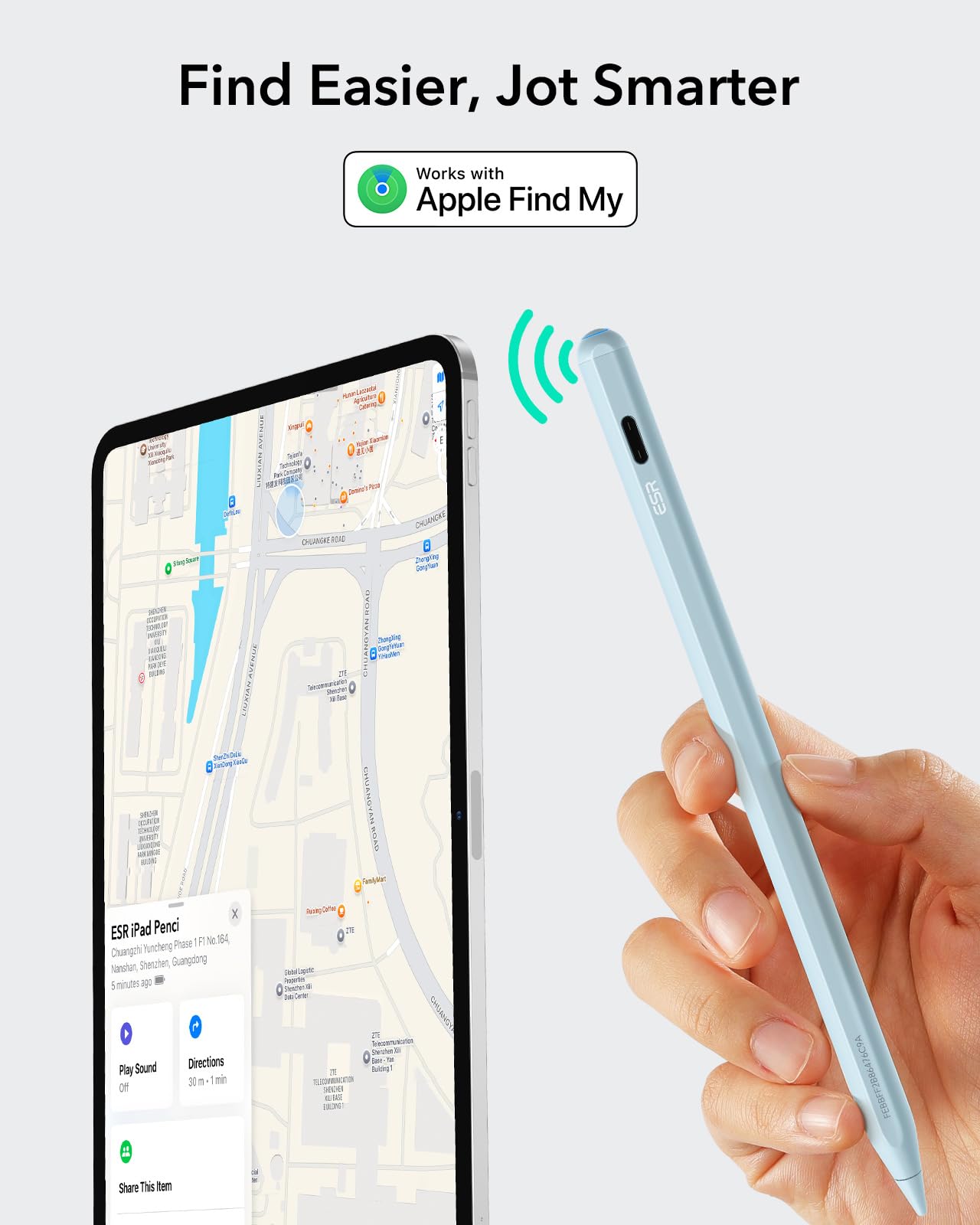 ESR Find My Penna Compatibile con Apple iPad 2018-2026, Geo Digital Pencil | Penna con Scorciatoie Facili per iPad A16/10/9/8 e Air 13/11 e Pro 12.9/13/11 e Mini 7/6/5, Blu (Senza Ricarica Wireless)