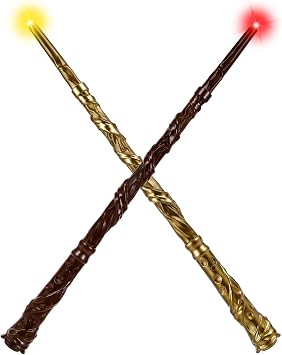 KingVows Light Up Magic Wizard Wand with 4 Color Lights & Sound Illuminating Witch Sorcerer Toys for Kids Roleplay and Party Fun, Brown & Golden, 2 Pack