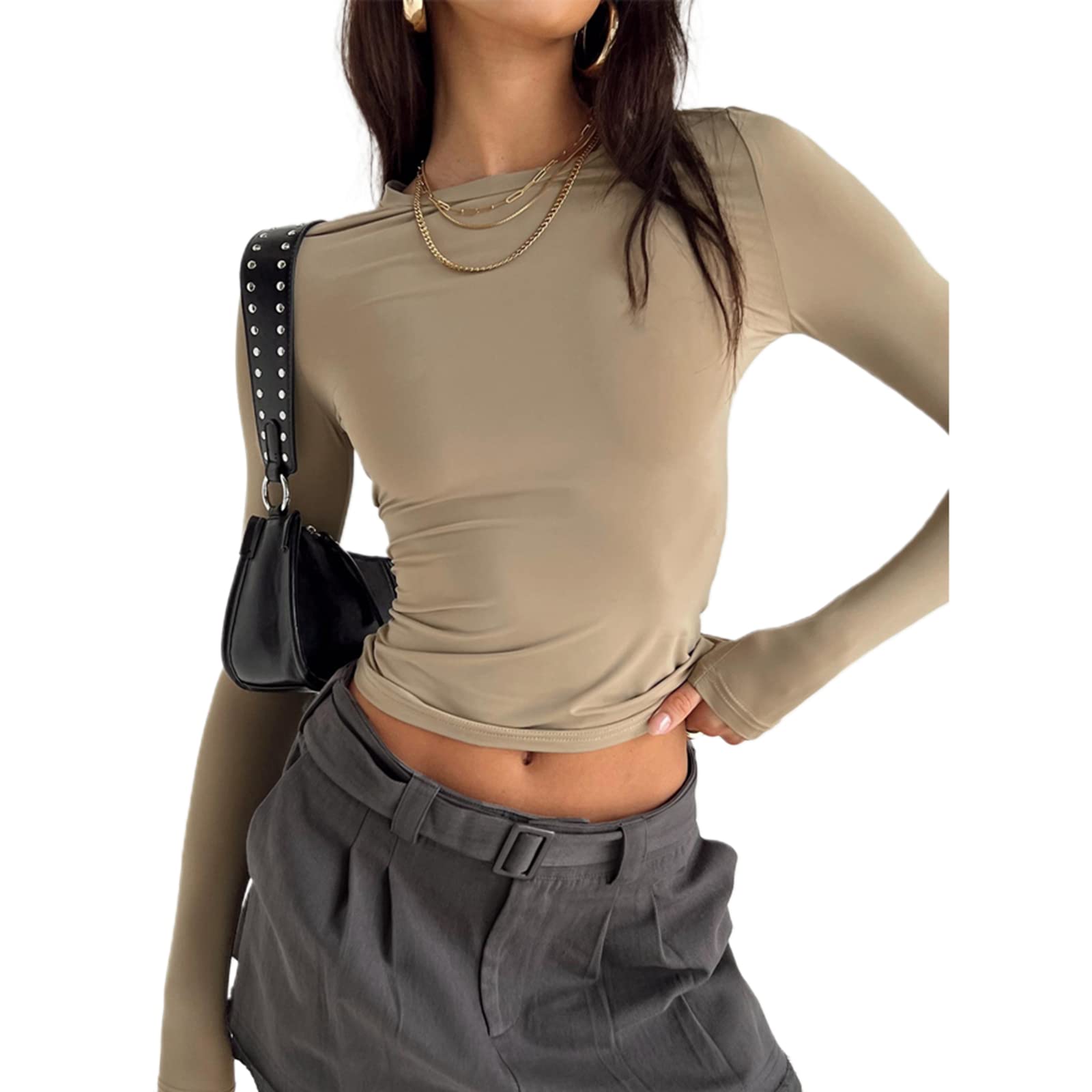 Yoisdtxc Women Slim Fit Going Out Crop Tops Casual Y2k Skinny Long Sleeve Tight Tee Shirt Basic Streetwear (Ba Coffee, S) - Image 2