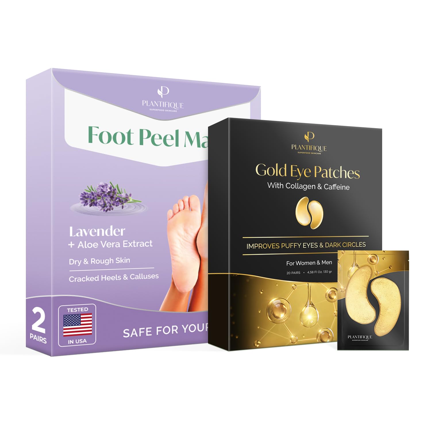 PLANTIFIQUEFoot Peeling Mask 2 pack and Gold Under Eye Patches for Puffy Eyes and Dark Circles 20 Pairs