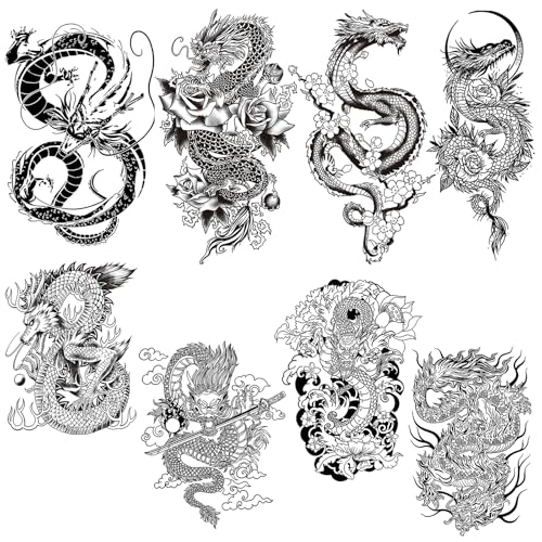 8 Fogli Tatuaggi Temporanei Drago Uomini Donne Tatuaggi Adesivi Braccio