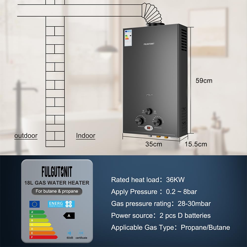 Fulgutonit Gazowy podgrzewacz przepływowy LPG, 36 kW, gazowy podgrzewacz wody, kompatybilny z propanem i butanem, niskie ciśnienie 0,25 bar, zabezpieczenie przed przegrzaniem, zasilanie bateryjne, do