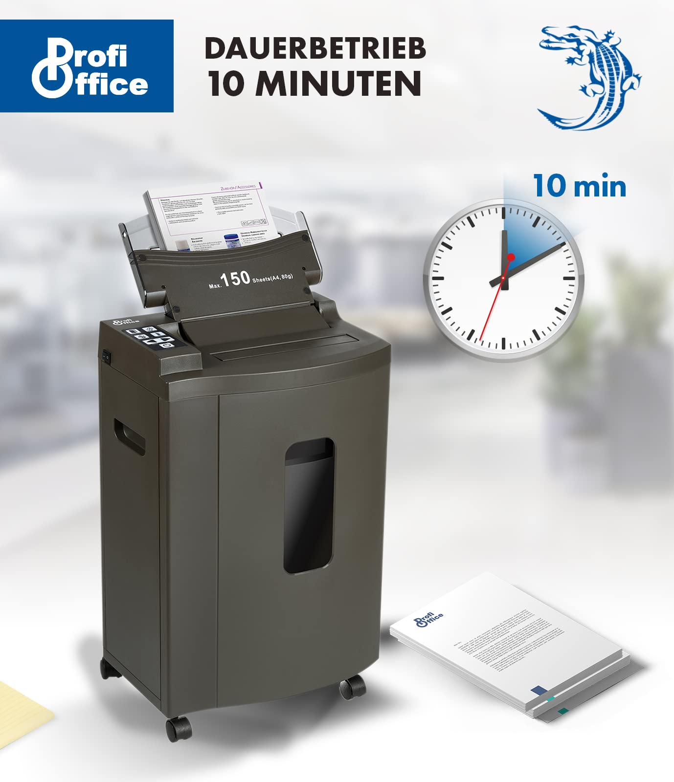 Profi Office Auto Feed niszczarka dokumentów, cięcie cząstek P-5, 150 arkuszy jednocześnie, niezawodna, cicha praca, standard DSGVO (91956)