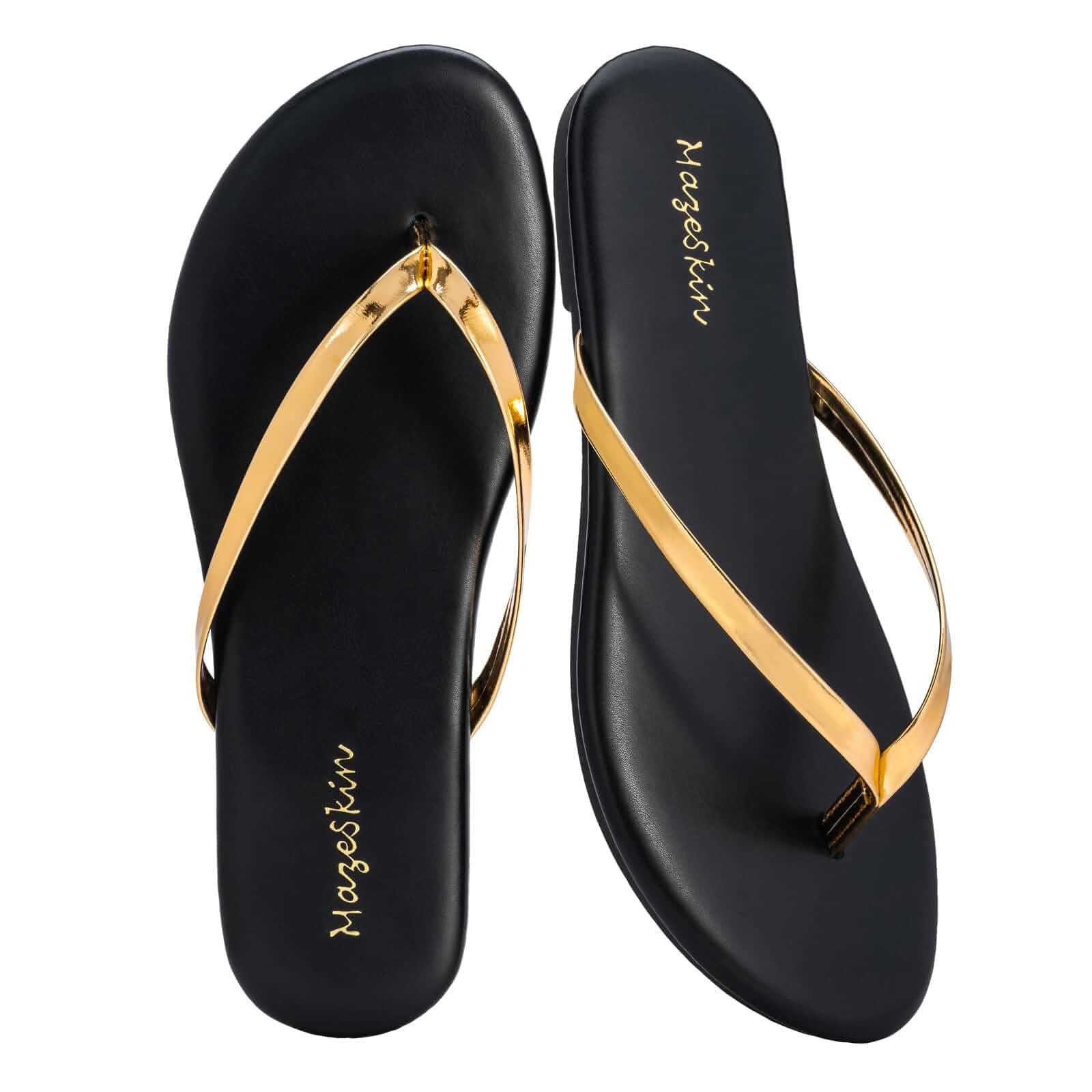 mazeskin Womens Memory Foam Flip Flops Flat Thong Sandals Soft Vegan Leather Comfortable Cushioned Casual Dressy Beach Summer Minimalist Slim Slide Shoes Indoor Outdoor