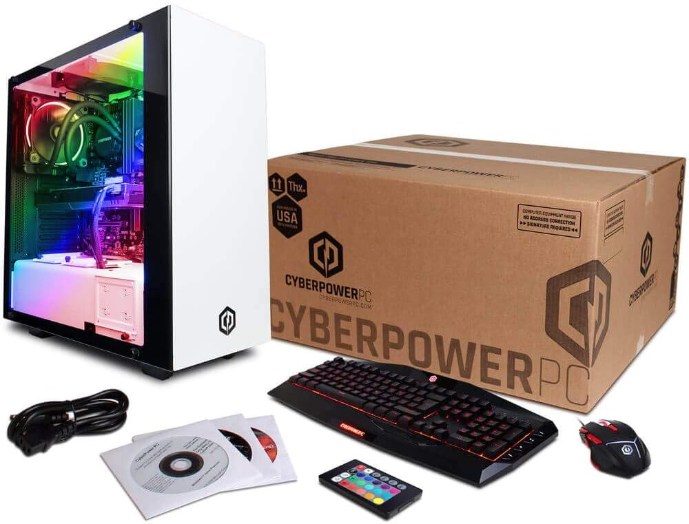 CyberpowerPC Gamer Supreme SLC8820CPG Gaming PC with its retail box and accessories