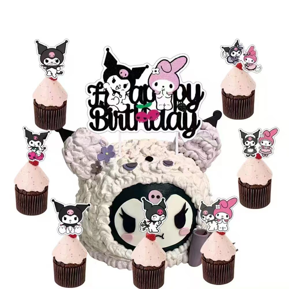 25pcs Cupcake Toppers with 1 Happy Birthday Cake Topper, Cute Anime Hello Pink Cat Themed Party Supplies, Perfect for Birthday Party Decorations (Style F)