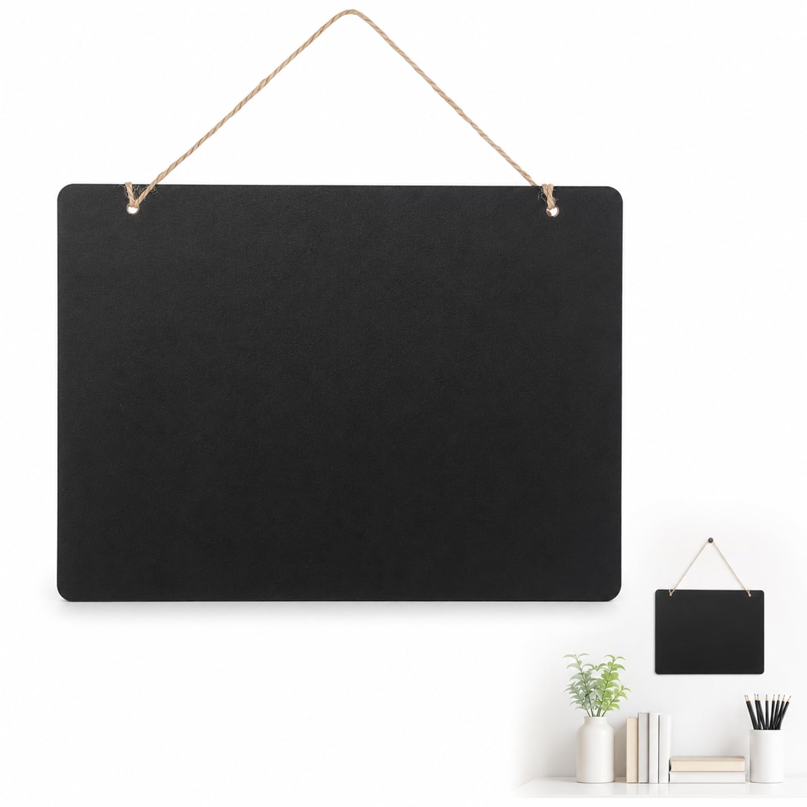 Double Sided Blackboard Sign with Hanging String, Erasable Chalkboard Message Board for Wall Decor and Small Display, 9x6.7 Inch Writing Board for Home Office