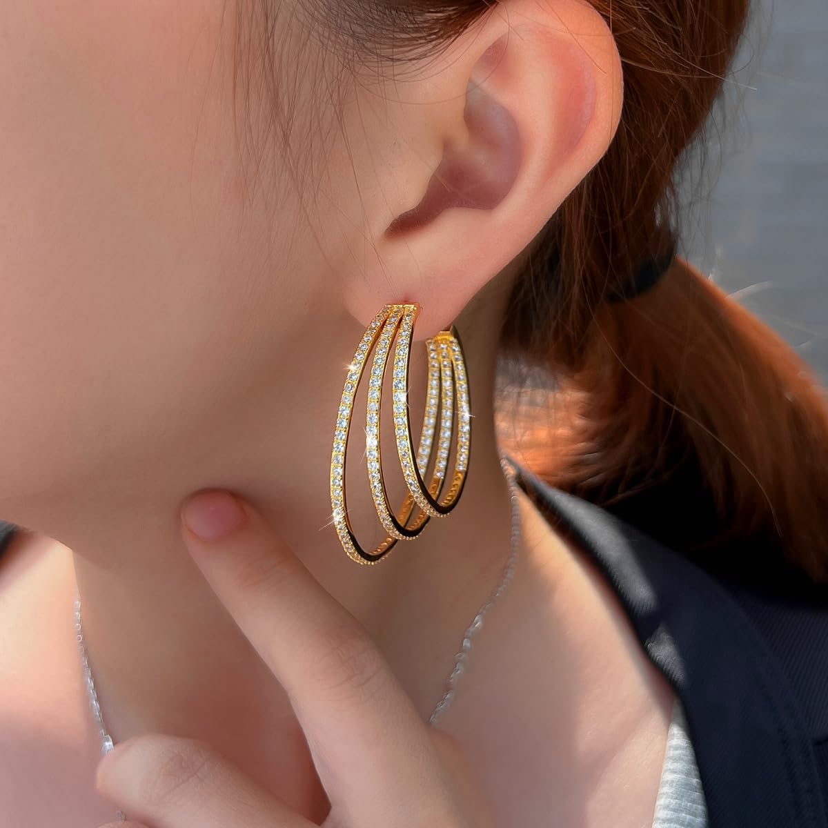 Triple Row Cubic Zirconia Big Round Hoop Earrings, Luxury Statement Dangle Jewelry for Women Wedding Party - Image 3