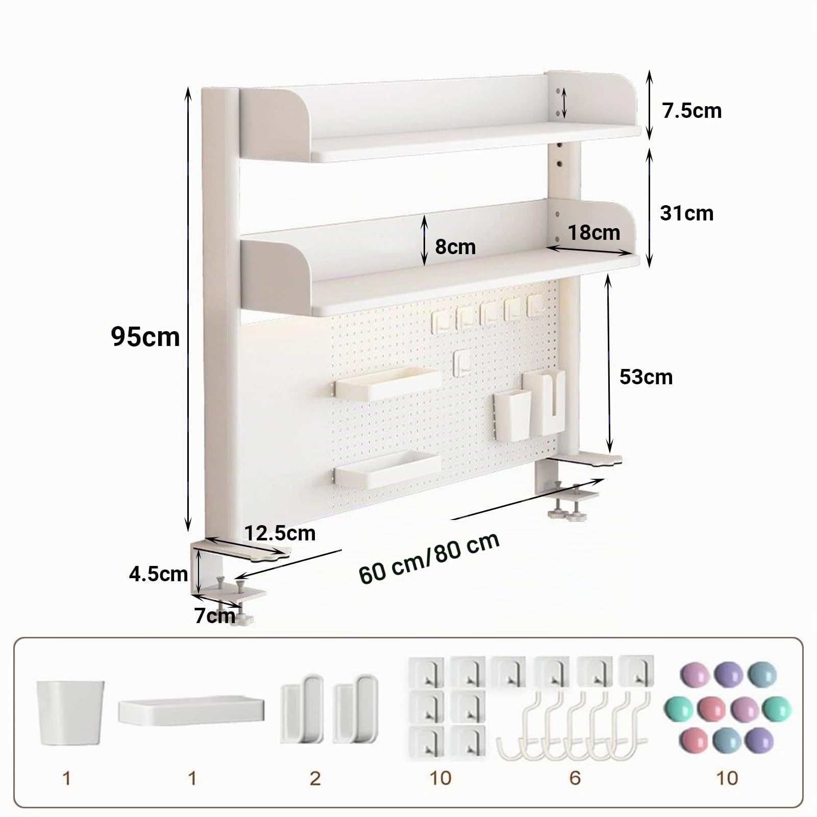Klemmbare Schreibtisch Regal with Pegboard, Weiß 2-Ebenen Büro-Computertisch Zubehör Organizer Desk Shelf Aufbewahrungsregal, für Büro, Gaming, Zuhause(60cm)