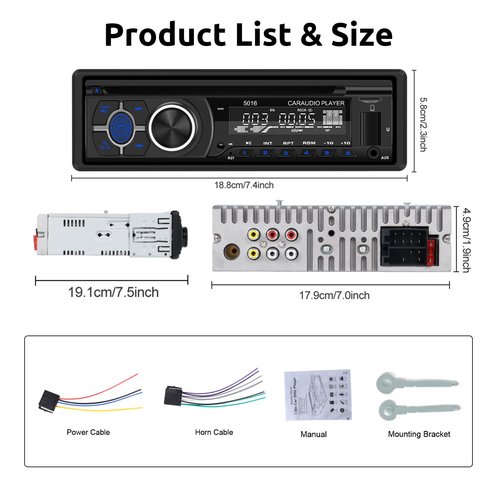 Podofo Radio Auto 1 DIN Radio FM/AM, Lecteur DVD/CD Musique Bluetooth Appels téléphoniques Mains Libres APP Locate EQ Entrée USB/TF Lecteur MP3 Auto