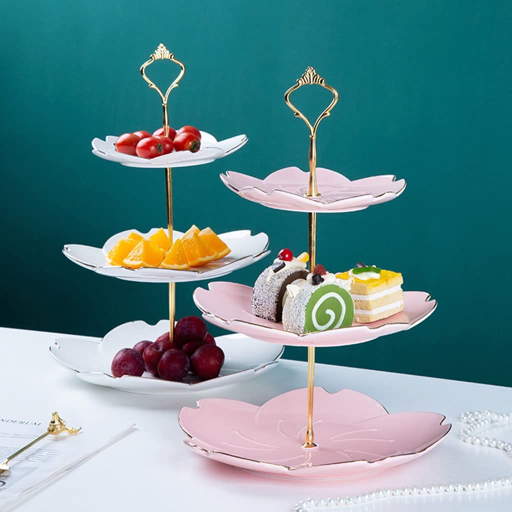 Miska na owoce, 3 poziomy koszyk owocowy ceramiczne owoce miska owoców płytki tort przekąski tacy metalowe stojak na desenice składowe Stojak na przekąski, Ciasto(Pink)