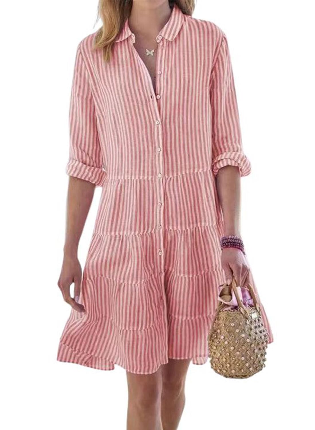 utcoco Womens Striped Button Down Midi Shirt Dress Casual Loose Cuffed Long Sleeve Mid Long Dresses