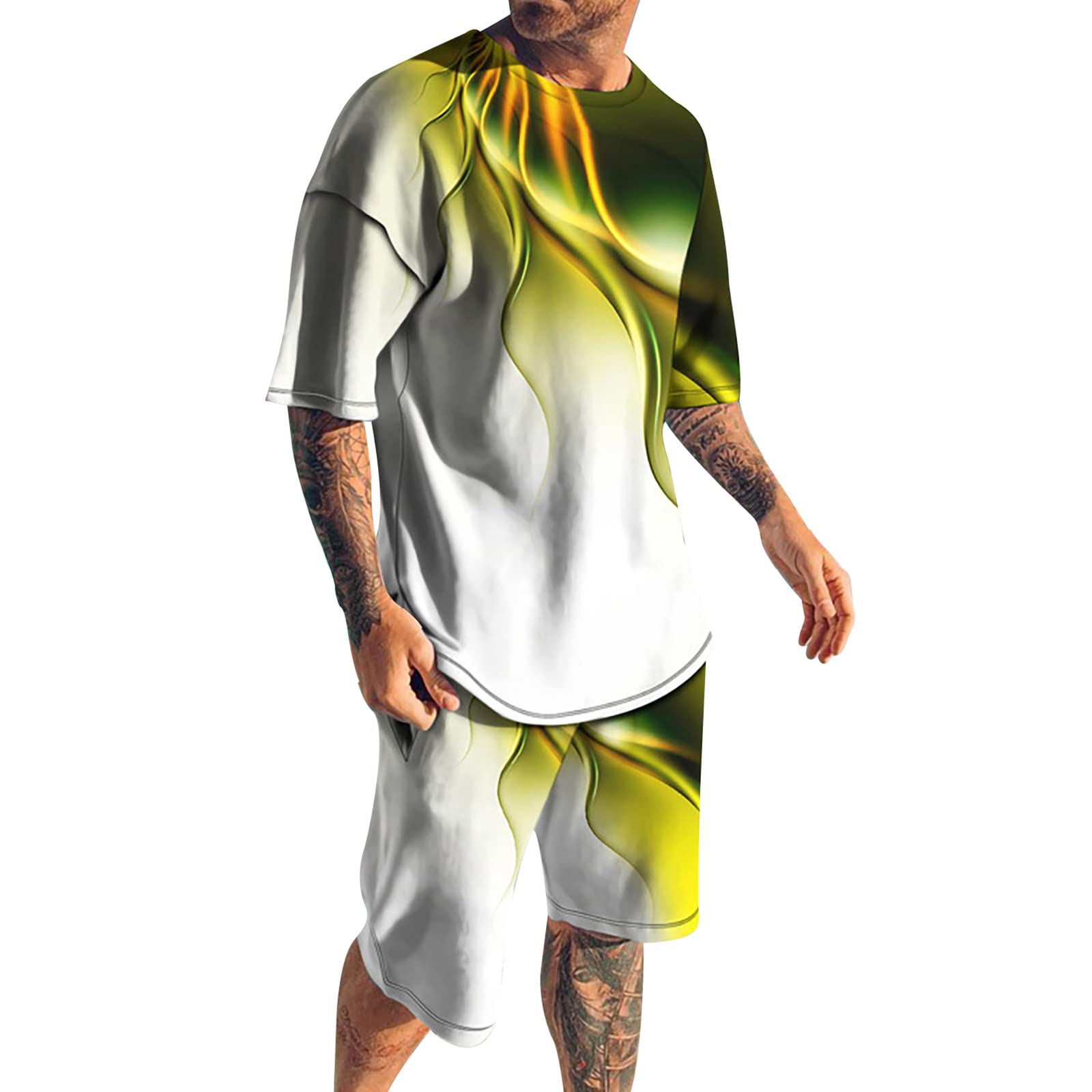 Outfits For Mens Lightweight Loose Fit Short Sleeve Shirts and Printed Shorts Breathable Fashion Sport Set