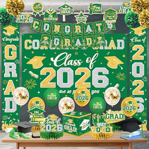 Image of Graduation Decorations Class of 2026 Green and Gold Graduation Decorations with Congrats Grad Banner,Backdrop,Porch Sign,Balloons,Hanging Swirls,Honeycomb Centerpieces,Box for Graduation Party Decor