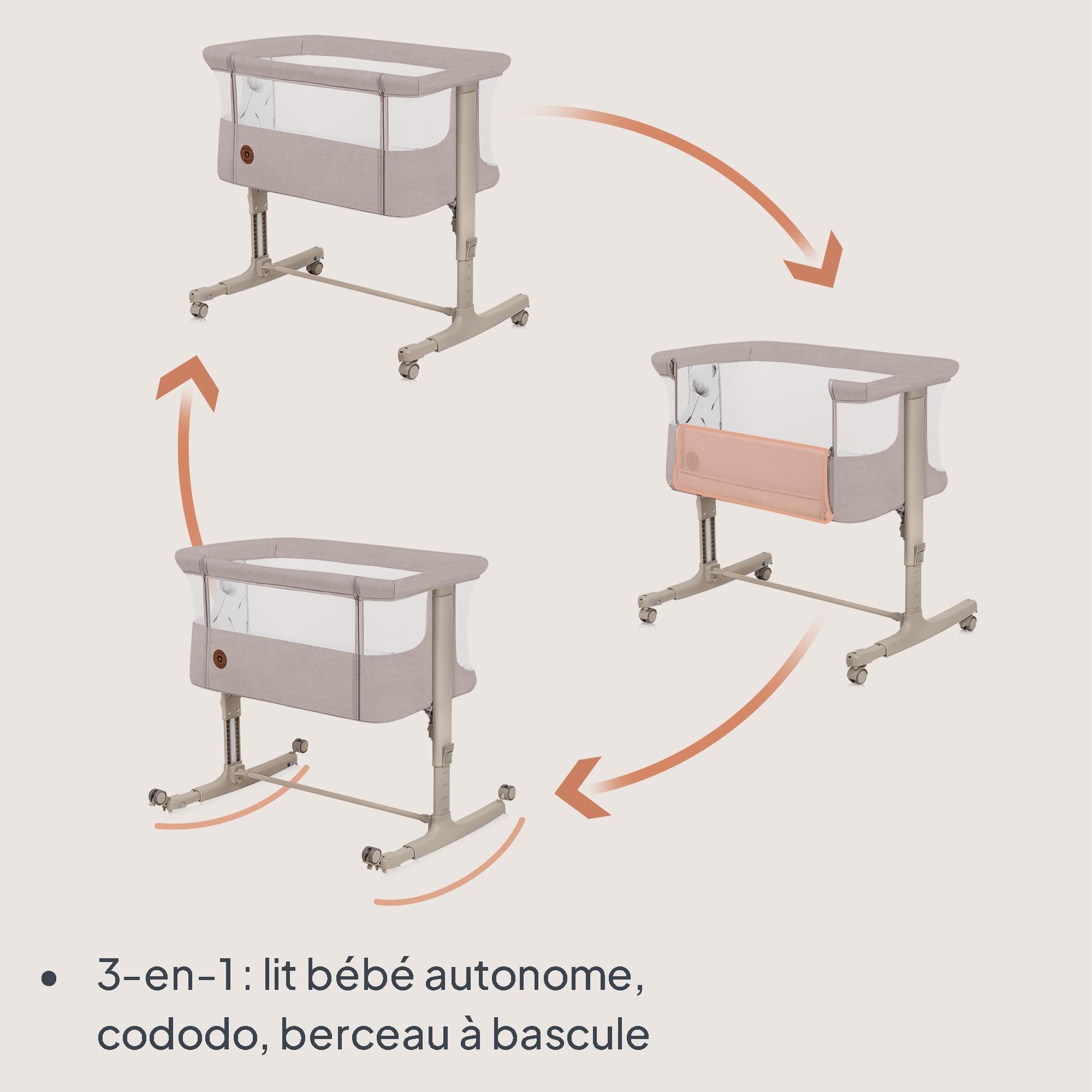 lionelo Aurora 3 en 1 Lit bébé jusqu'à 9 kg Cododo, Berceau Réglage de la Hauteur et de l’Inclinaison du Matelas 4 roulettes avec Freins Matelas Ergonomique Sac (Beige)