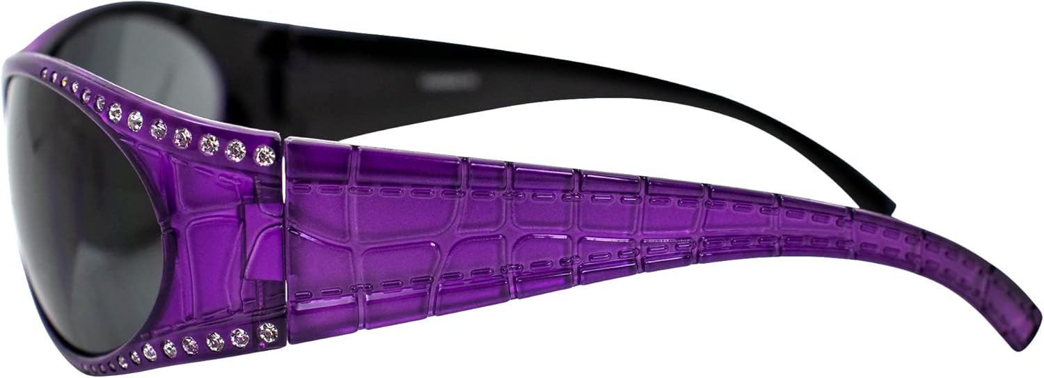 Global Vision Marilyn 1 Fashion Motorcycle Wrap Around Sunglasses for Women Bling Rhinestones Bling 2 Pairs Black & Purple Frame w/Gradient Smoke Lens