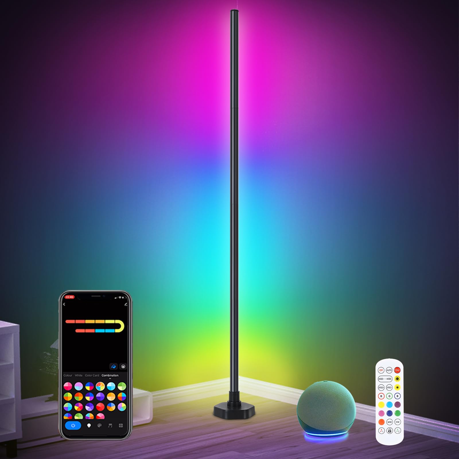 Eck-Stehlampe, RGB-LED-Eckleuchte mit Musiksynchronisation, Smart-App und Fernbedienung, Farbwechsel, Ambientelicht, 16 Millionen DIY-Farben, Timer-Einstellung für Schlafzimmer, Wohnzimmer