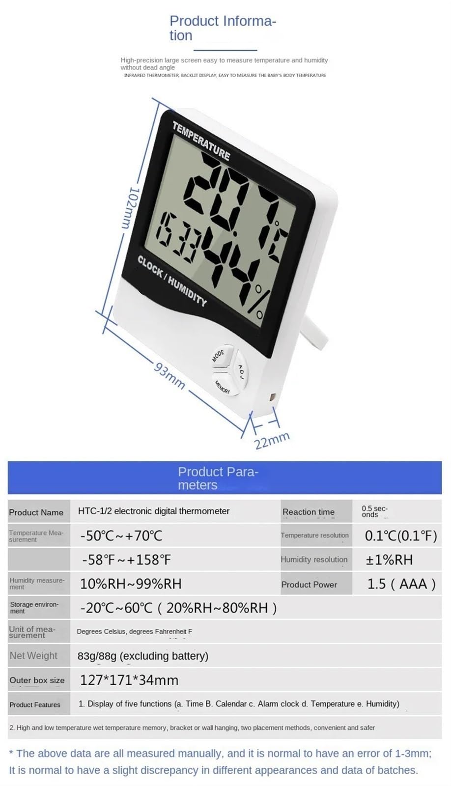 Higrómetro digital de interior, Termómetro de habitación 20 piezas Medidor de humedad de precisión Reloj despertador for niños Negro Blanco