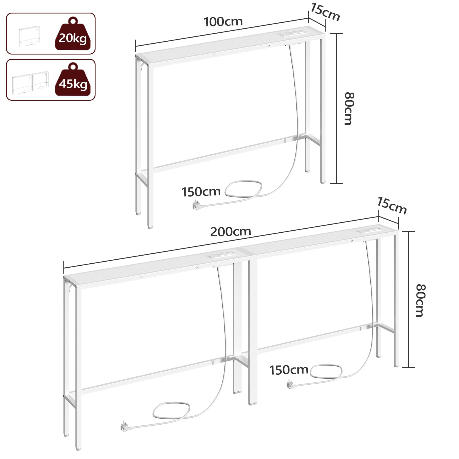 MAHANCRIS Konsolentisch mit Ladestation, 2er Set, 200 cm Eingangstisch, Schmaler Beistelltisch, Flurtisch mit Steckdosen und USB-Anschlüssen, für Wohnzimmer, Schlafzimmer, Weiß ACTWT968UE01S2