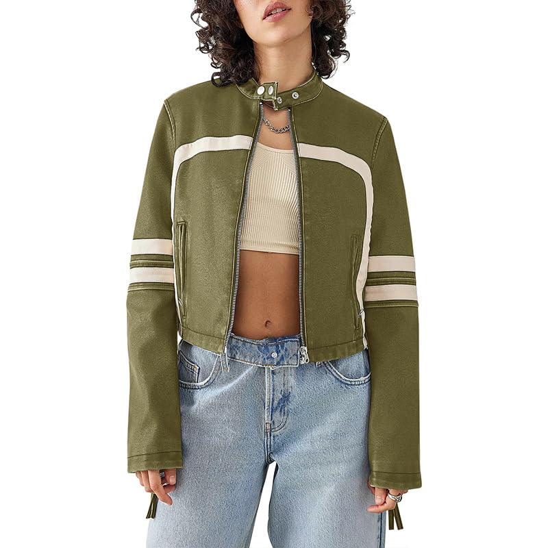 VOIKERDR Leather Jacket for Women Zipper Motorcycle Jacket Women Pu Leather Biker Jacket Streetwear