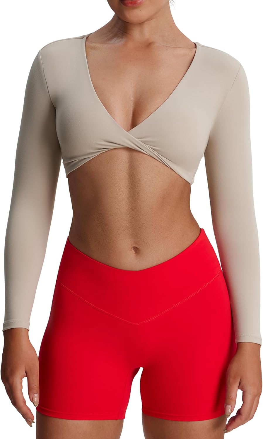 Aoxjox Long Sleeve Crop Tops for Women Metamorph Sienna Twist Deep V Workout Cropped T Shirt Top