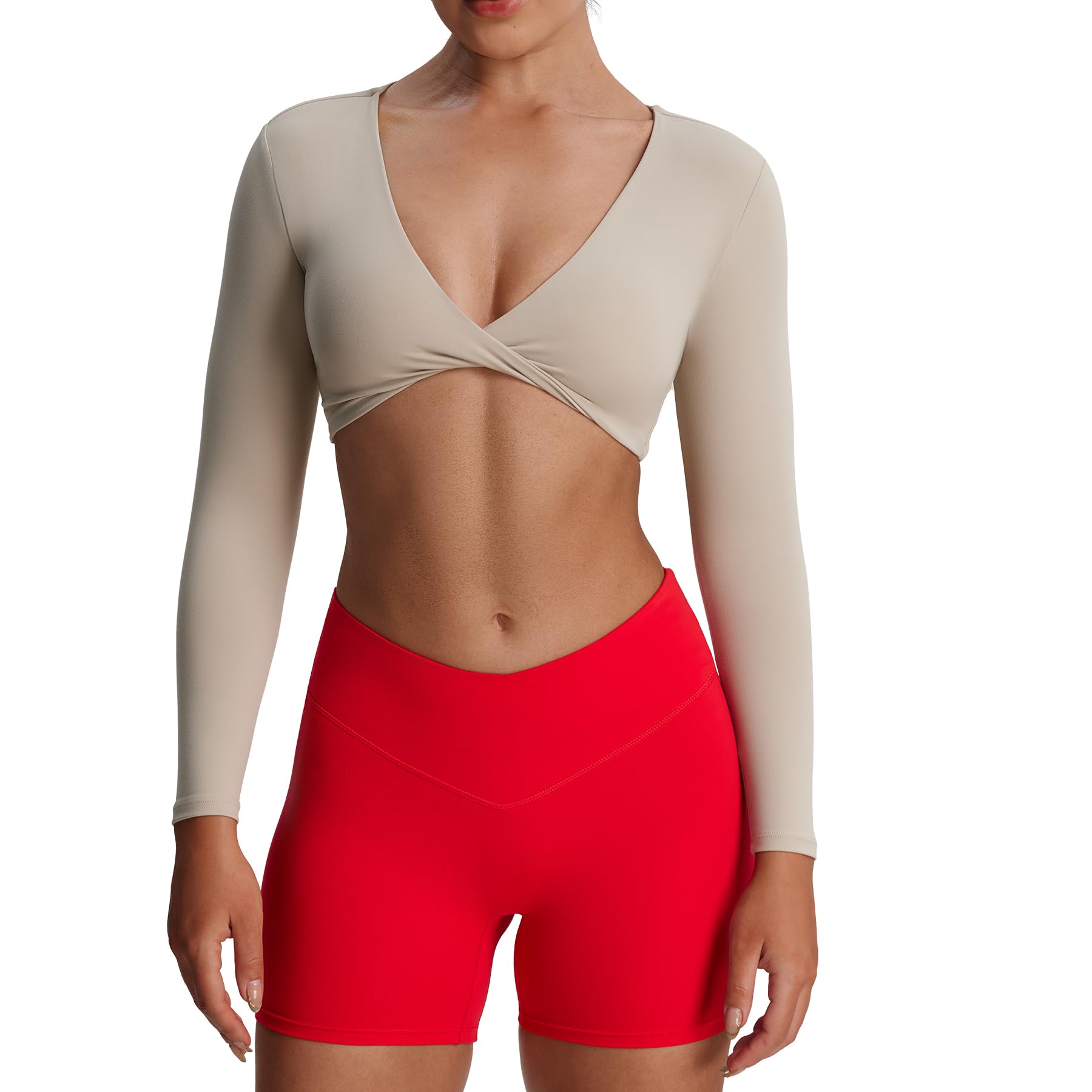 Aoxjox Long Sleeve Crop Tops for Women Sienna Twist Deep V Workout Cropped T Shirt Top