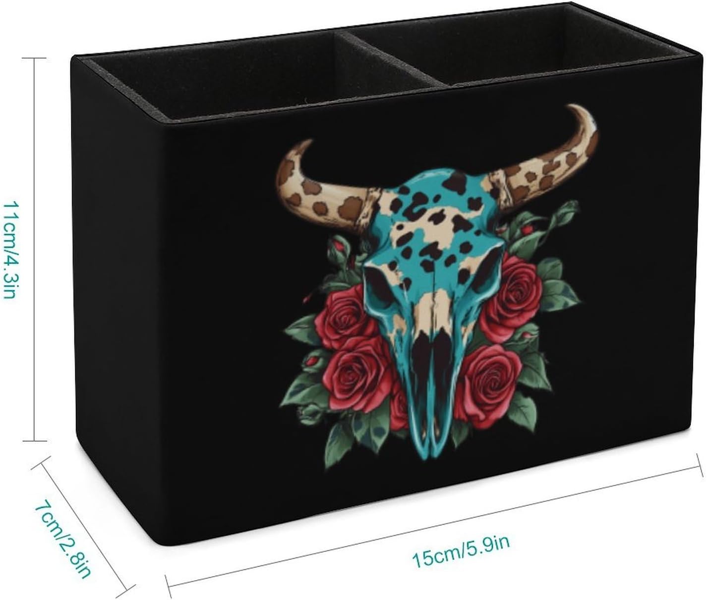 Rose Bull Skull Pencil Pen Holder PU Leather Desk Storage Organizer Makeup Brush Box