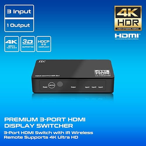 Miniatura 2 de TEC Interruptor HDMI 4K 3x1 Conmutador HDMI 3 en 1 Salida Selector de interruptor HDMI 3 puertos con control remoto IR HDMI HDCP 2.2 Soporte 4K 30Hz