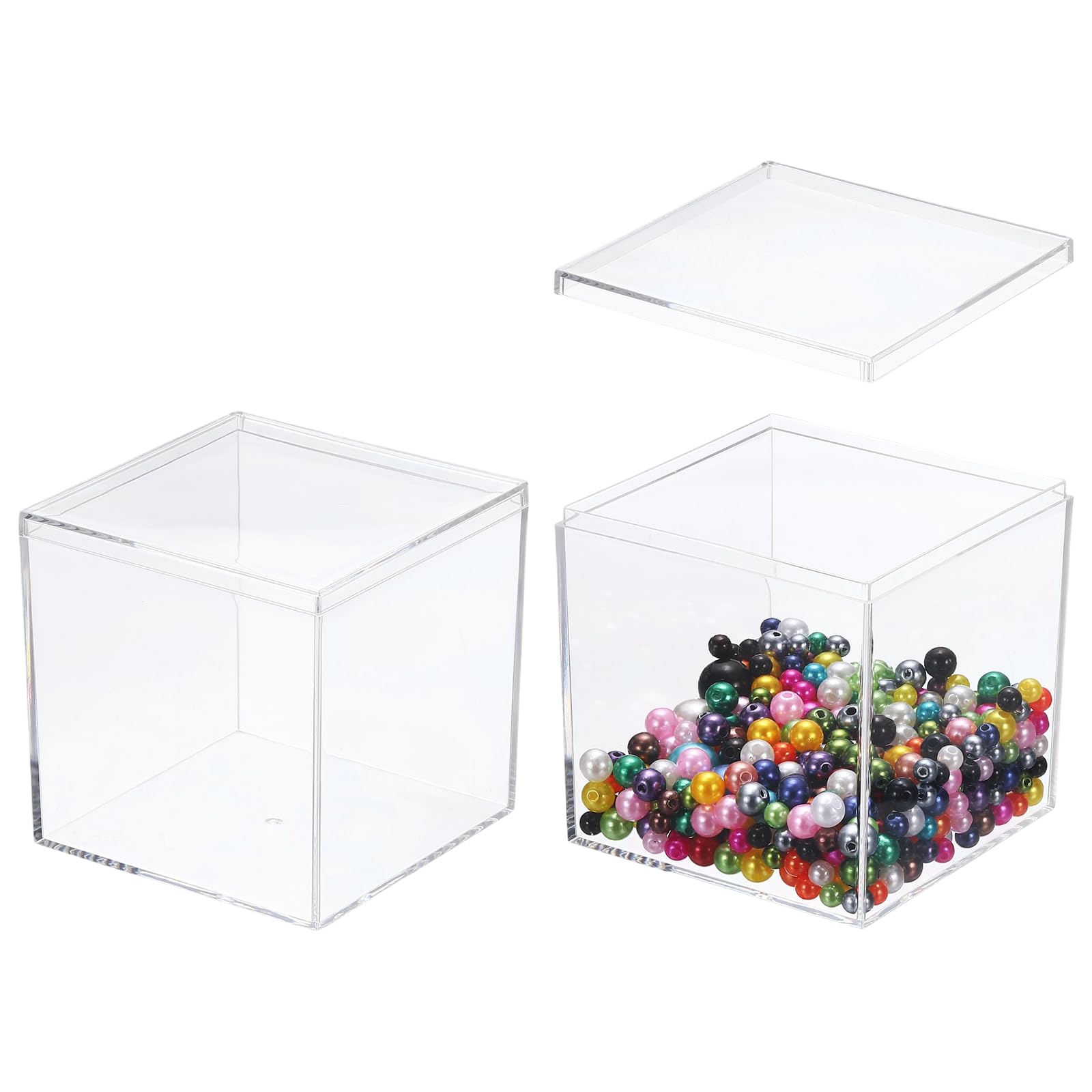 sourcing map 2 Pcs Small Acrylic Box with Lid, 3.3" Decorative Storage Box Jewelry Display Case for Store Snacks Candies, Wedding Festival Party Gifts, Clear(Square)