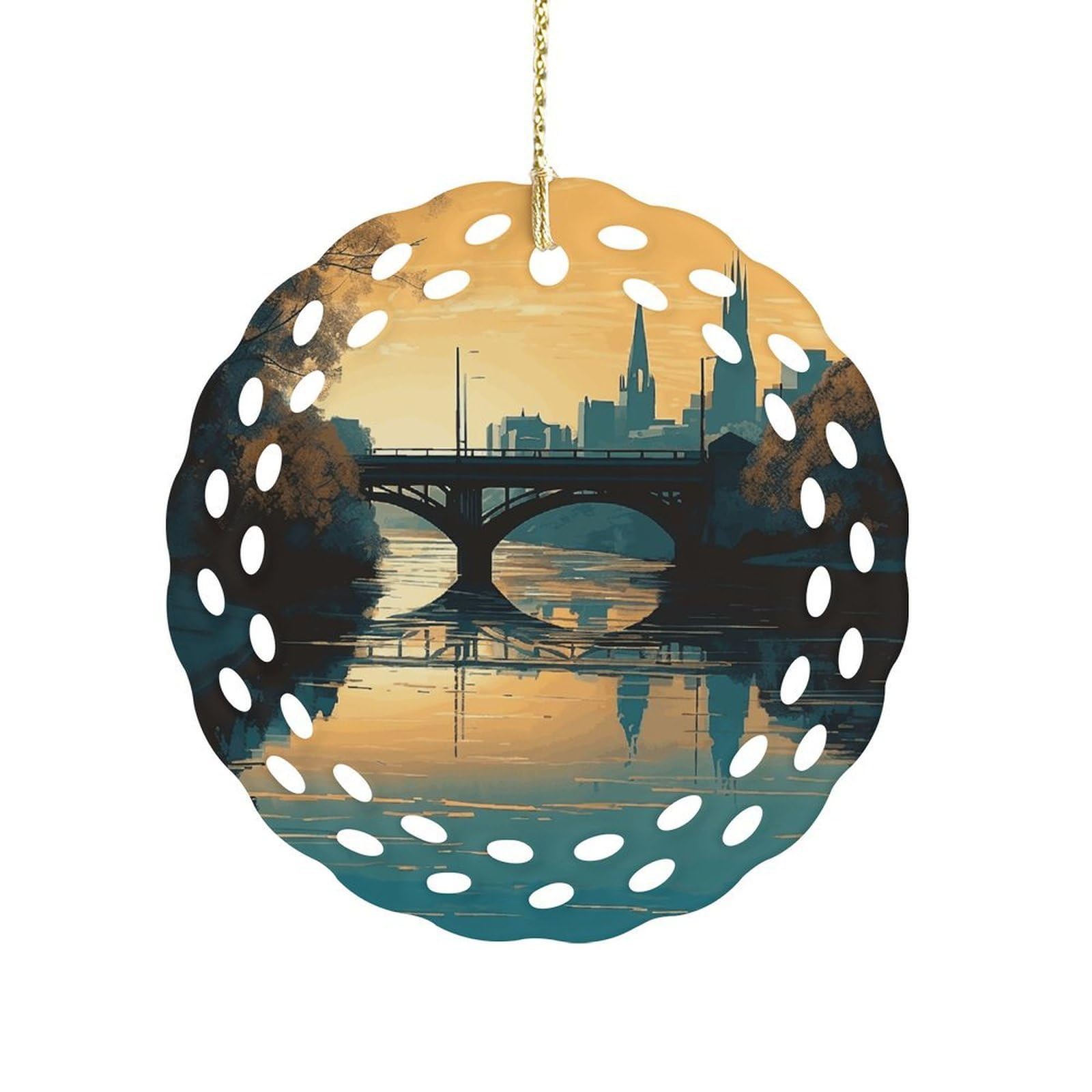 Btcowzrv Style Hand Drawn Buildings Ceramic Ornament,Round Ornaments With Hole Easy To Hang,Hanging Ornament For Wedding Party Home Window Garden Christmas Day Decor