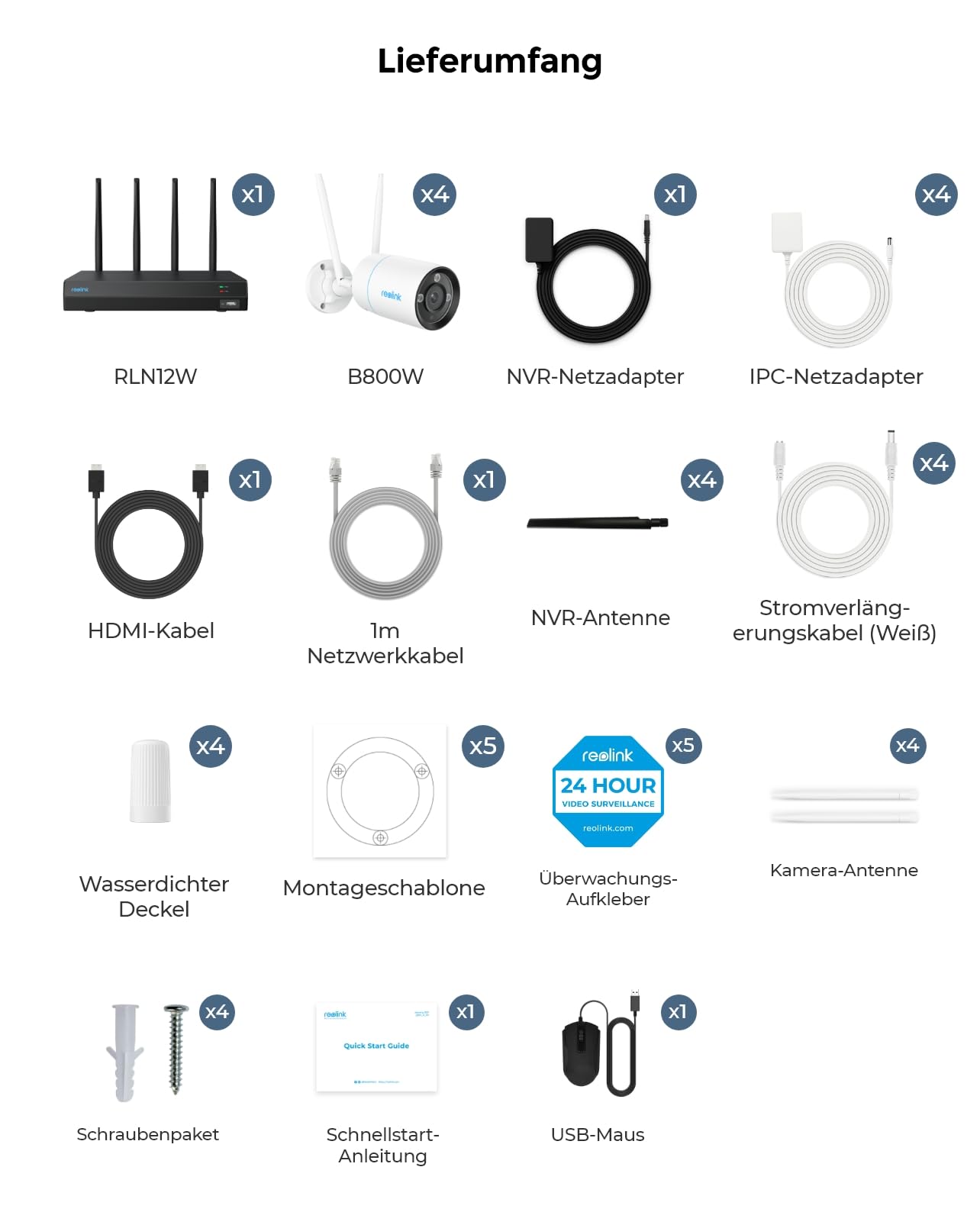 Reolink 4K WLAN Überwachungskamera Set Aussen, 4X 8MP Wi-Fi 6 Kamera Aussen, 12CH WLAN NVR mit 2TB HDD, Vollmetallmaterial, Farbnachtsicht, Person/Fahrzeug/Tiererkennung, 2-Wege-Audio, RLK12-800WB4