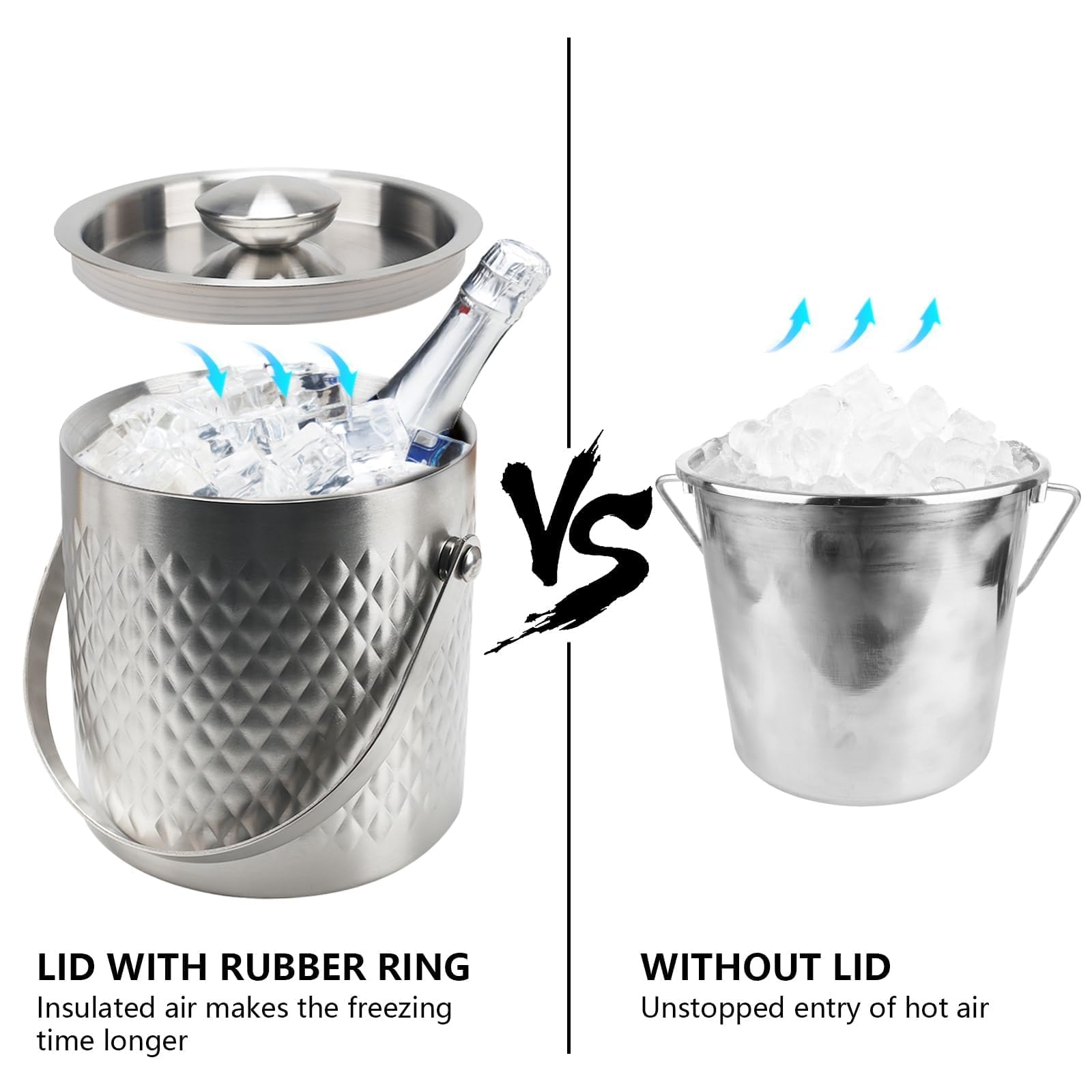 Zythrem 2L Secchiello Ghiaccio in Acciaio Inox, con Coperchio in Silicone, Pinze e Pala, Secchiello Ghiaccio Vino Acciaio Inox a Doppia Parete Isolante, per Cocktail Bar, Feste, Mantiene Il Ghiaccio