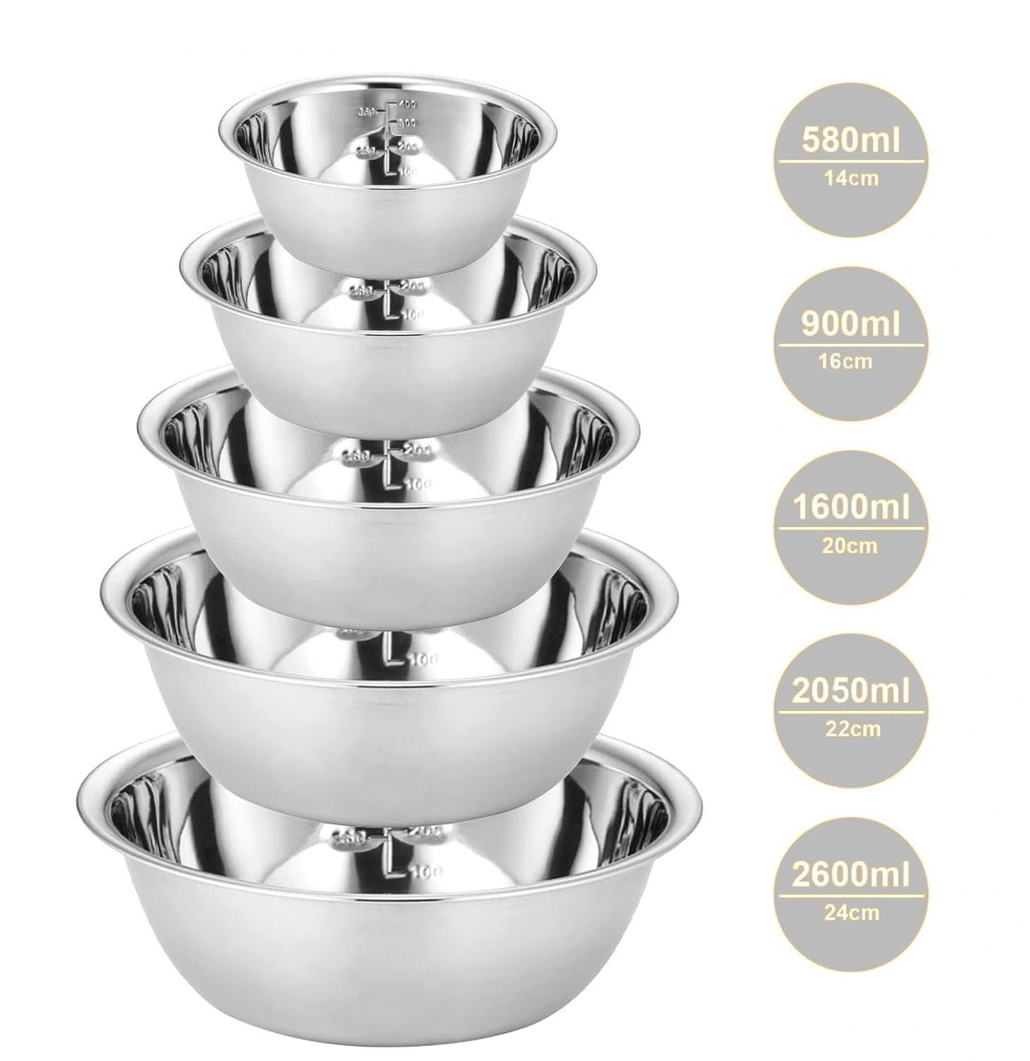 Set di ciotole in acciaio inox, ciotole in acciaio inox, ciotole in metallo, ciotole da portata, impilabili, per cucina, cottura al forno, insalata, 14/16/20/22/24 cm, set da 5 pezzi