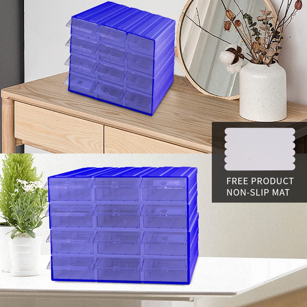 12 Pcs Drawer Stacking Storage Cabinet, 12 Pcs Plastic Drawers Storage Closet & 36 Pcs Clear Dividers Organizer Rack & 48 Pcs Tag Card & 24 Pcs Non-slip Stickers for Home Office School (12-Boxes-Blue)