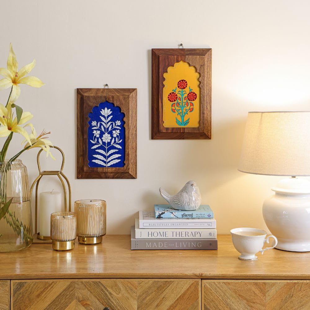 Mirai Woods Aditya Hand-Painted Sheesham Wood Wall Decor Plates (Set of 2, 8x12 Inch) | Traditional Royal Blue & Mustard Yellow Wooden Jharokha Wall Hanging Frames for Living Room, Home Decoration & Gifting-image-16