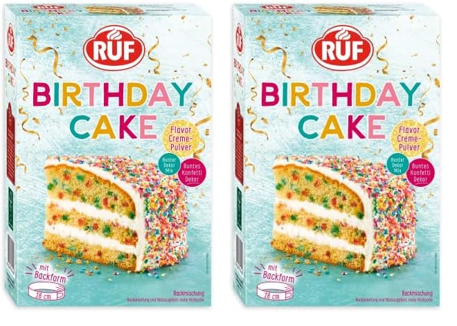 RUF Birthday Cake, Geburtstagskuchen, Schicht-Torte aus Rührteig und Konfetti-Streusel, Tortencreme und buntem Dekor-Mix, für Kindergeburtstag, Familienfeier, Einschulung, 1x425g (Packung mit 2)