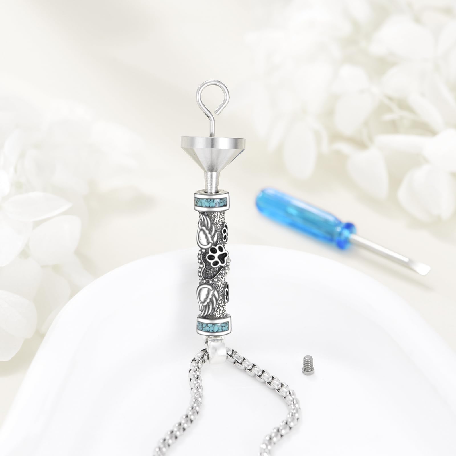 URONE Cylinder Cremation Urn Necklace for Ashes 925 Sterling Silver Paw Print Angel Wings Urn Necklace with Hollow Cylinder for Ashes Memorial Keepsake Ashes Jewellery for Pets Ashes - Image 3