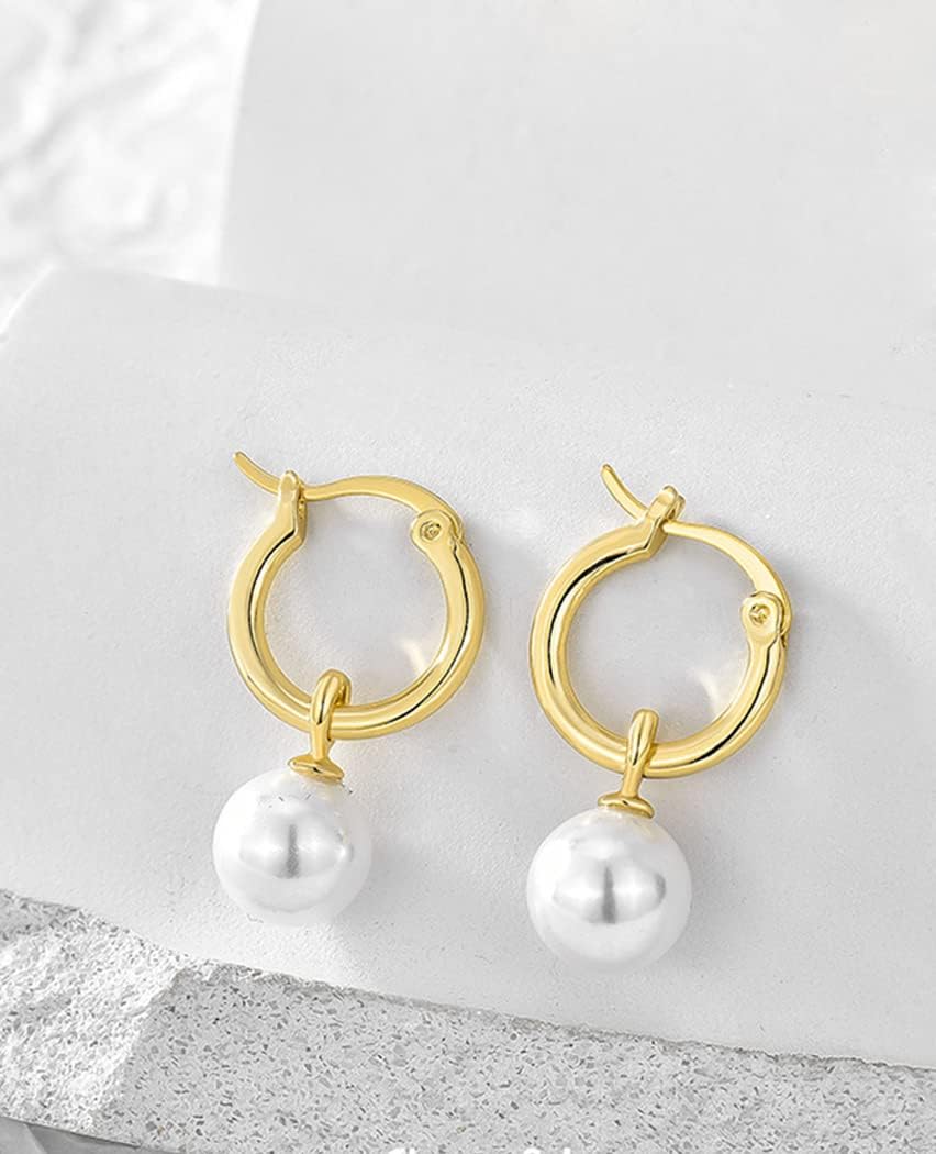 14K Gold/White Gold Plated Minimalist Pearl Hoop Earrings,Huggies Dangle Earrings Jewelry - Image 6