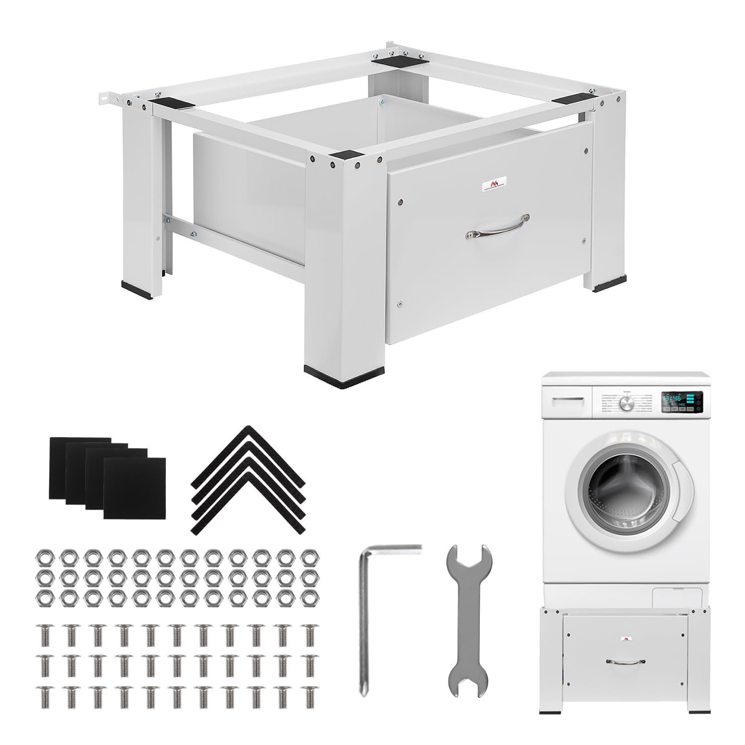 Maclean MC-117 W Waschtrocknersockel mit Schublade Weiß | Sockel für Waschmaschine & Trockner | Stahl Konstruktion 150 kg Tragkraft | Ergonomisch, Rutschfest, Stauraum, Modernes Design