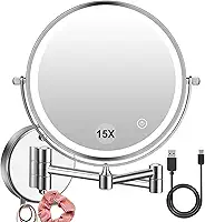 Espelho de maquiagem LED montado na parede 1 ×/15 × ampliação – recarregável por USB, luz sensível ao toque de 3 cores, rotação de 360°, dupla face de 20 cm, bateria de 2000 mAh, ideal para