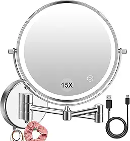 Espelho de maquiagem LED montado na parede 1 ×/15 × ampliação – recarregável por USB, luz sensível ao toque de 3 cores, rotação de 360°, dupla face de 20 cm, bateria de 2000 mAh, ideal para