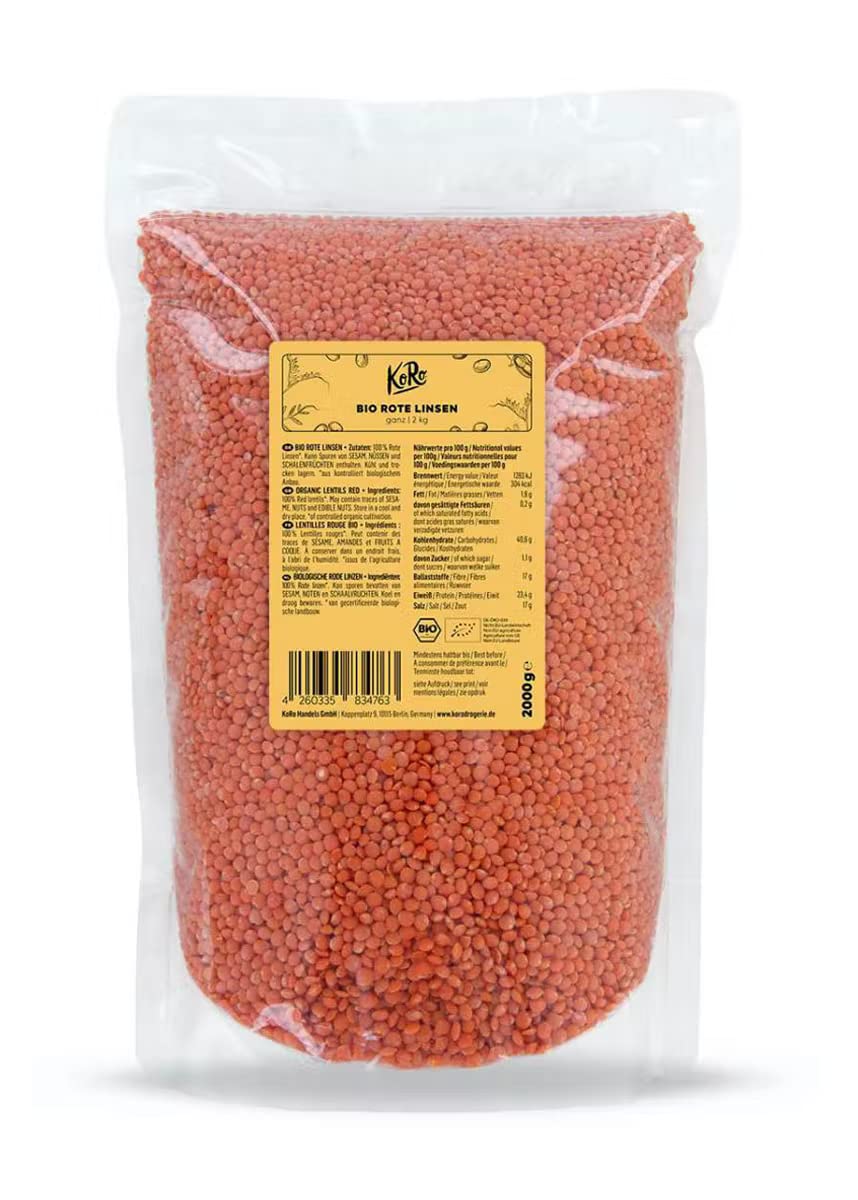 KoRo - Rote Bio Linsen 2 kg - Protein- und Ballaststoffreich - Bio-Qualität - Schnell zubereitet