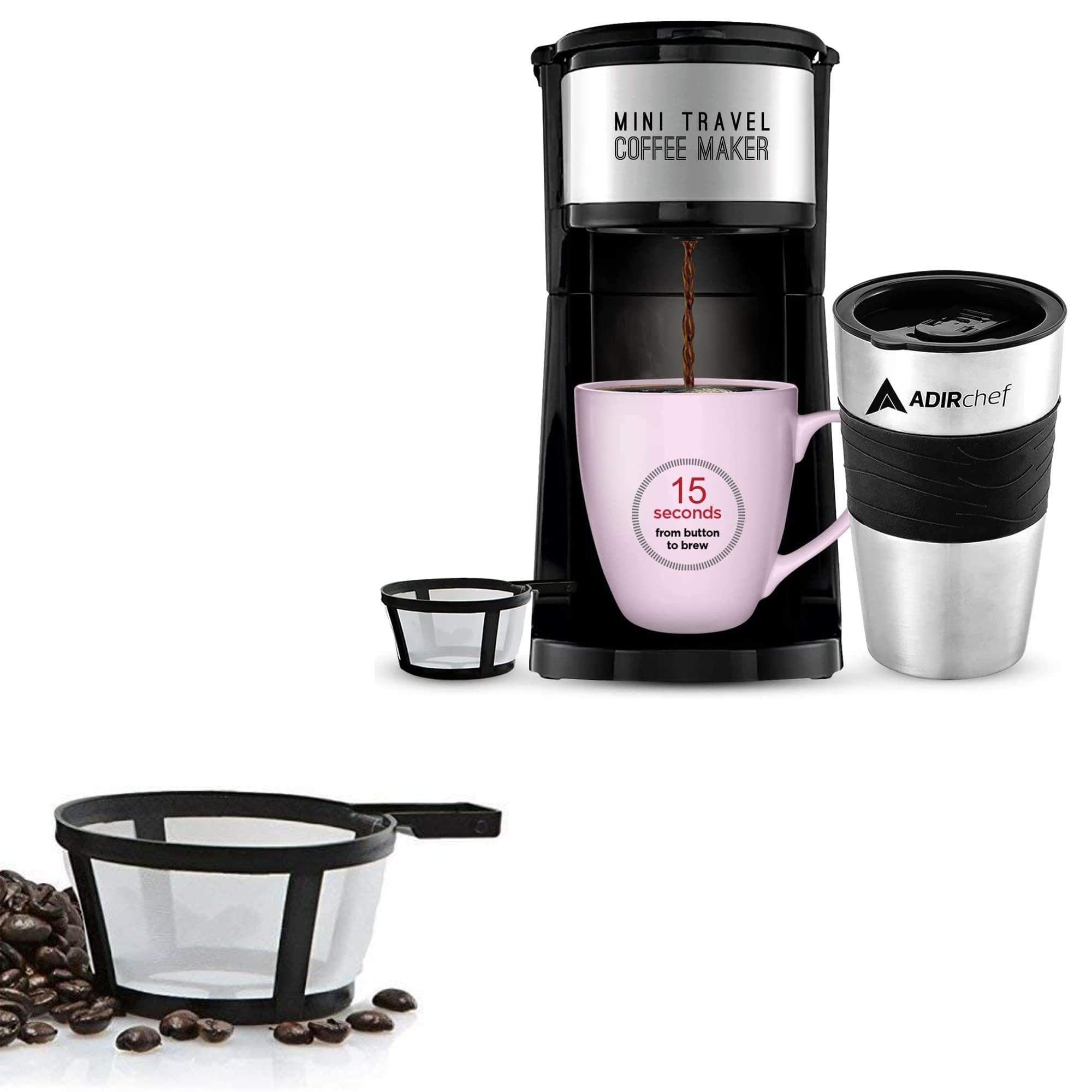 AdirChef Mini-Travel Single Serve Coffee Maker & 15 oz. Travel-Mug Coffee Tumbler & Reusable-Filter (Black), Replacement-Filter (Black) Bundle
