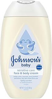 Johnson's Sensitive Care 베이비 페이스 & 바디 크림, 비타민 B5가 함유된 데일리 모이스처라이징 베이비 크림, 진정, 영양 공급 및 편안함, 건조하고 민감한 피부, 가벼운 향, 저자극성, 385.6g(13.5온스)