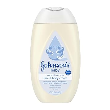Johnsons Sensitive Care Baby Face & Body Cream with Vitamin B5, Daily Moisturizing Baby Cream to Calm, Nourish & Comfort Dry, Sensitive Skin, Lightly Scented, Hypoallergenic, 13.6 oz