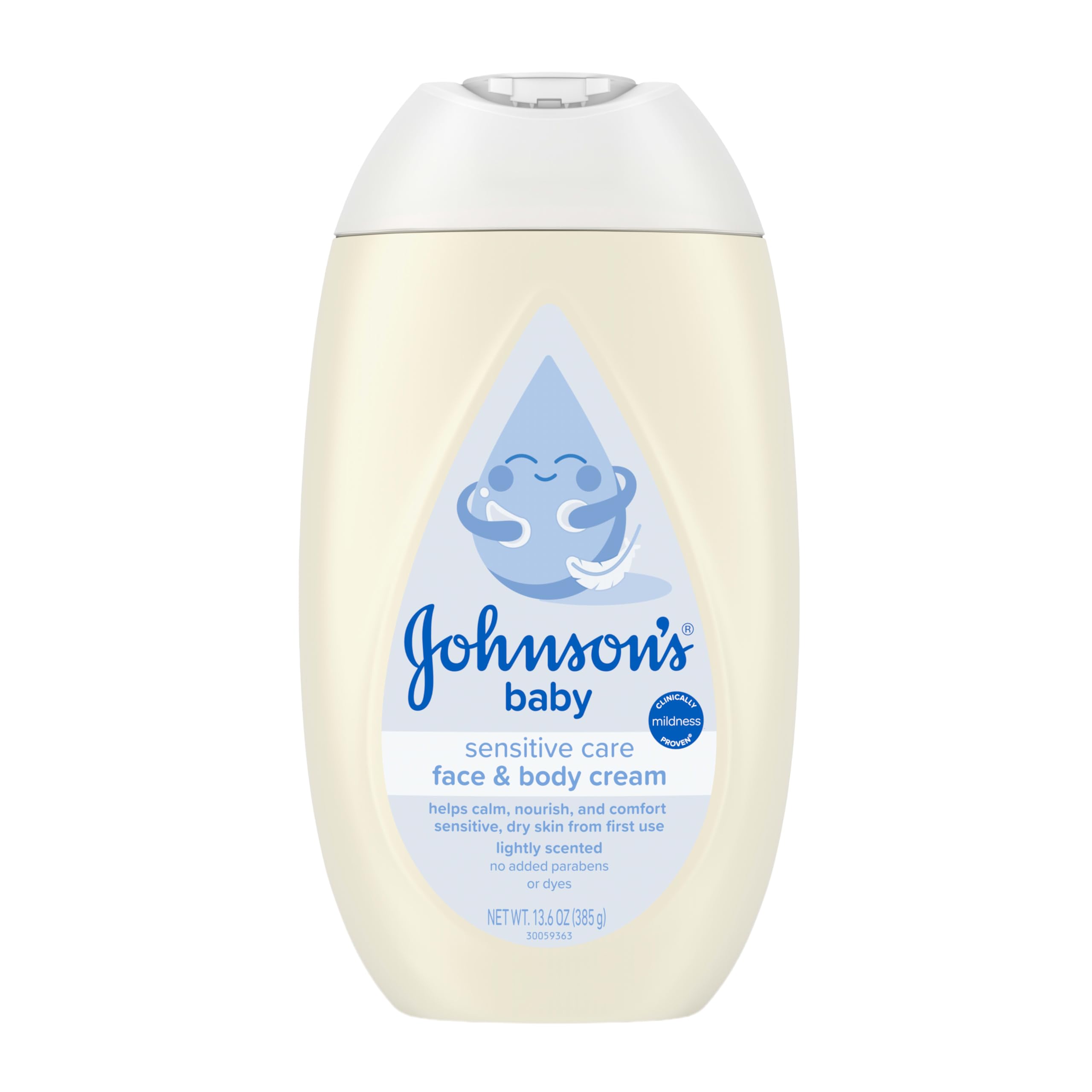 Johnson's Sensitive Care Baby Face & Body Cream with Vitamin B5, Daily Moisturizing Baby Cream to Calm, Nourish & Comfort Dry, Sensitive Skin, Lightly Scented, Hypoallergenic, 13.6 oz