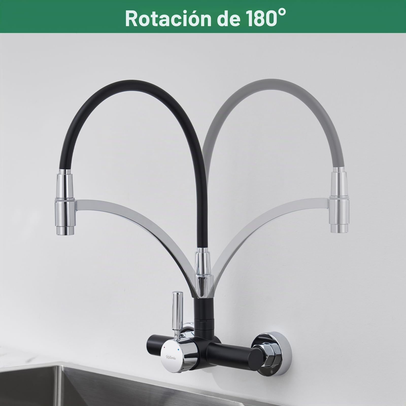 Grifo Cocina de Pared Flexible 15cm, Grifería Monomando Mural de Acero Inoxidable con Caño de Silicona Flexible 180° Giratorio, Torneira Cozinha para Fregadero, Aireador Extraíble, Negro